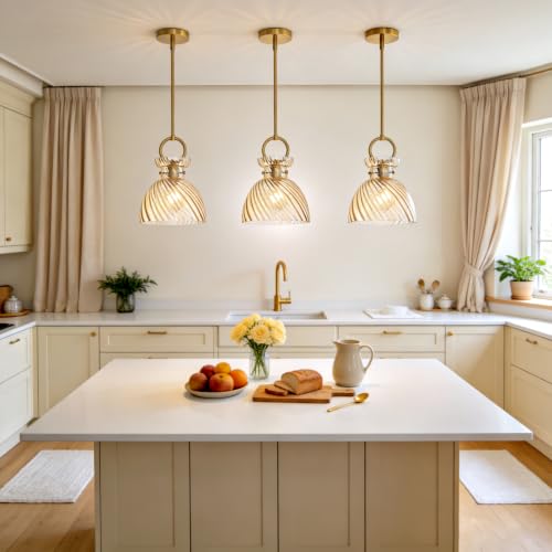 Gold Pendant Light Kitchen Island 9.84'' Striped Amber Glass Shade (2 Count)