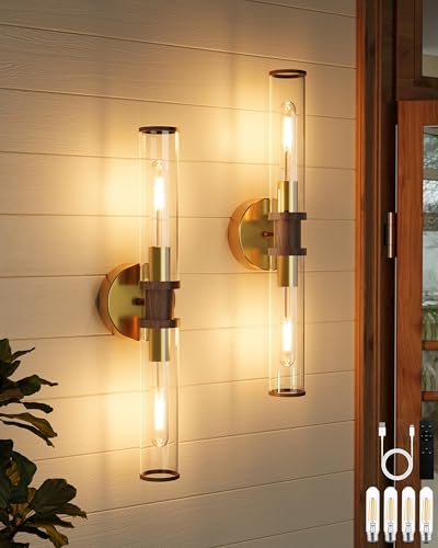 Gold & Walnut Wireless Battery Operated Wall Sconces with Remote
