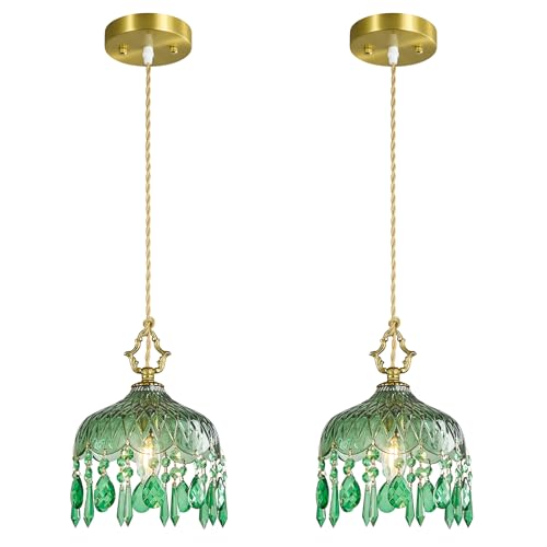 Brass Vintage Pendant Light Green Crystal Hanging Light Fixtures