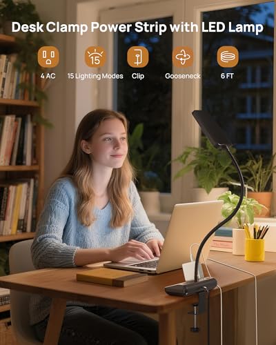 LED Desk Lamp with Clamp Power Strip
