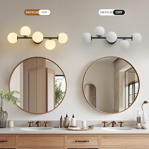 27" Mid Century Modern White Globe Black LED Bathroom Vanity Light
