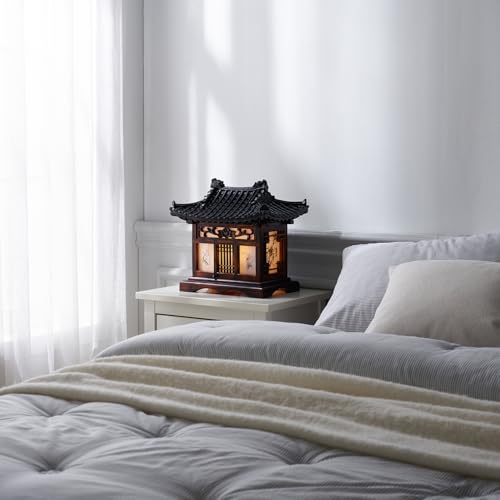 Carved Wood Table Lamp Handmade Traditional Korean House Pavilion Pagoda Design Art Deco Lantern Brown Asian Oriental Bedside Bedroom Lamp Accent Unusual Light