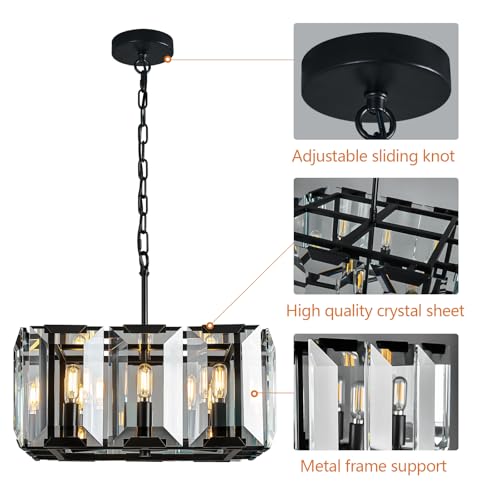 Black Modern Crystal Chandeliers Rectangle Farmhouse Pendant Light Semi Flush Mount Ceiling Light Fixture for Bedroom Dining Room Kitchen Island Living Room Foyer Hallway