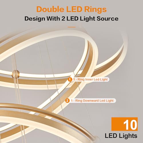 5 Rings Modern LED Chandelier Gold Dimmable Large High Ceiling Chandeliers Foyer
