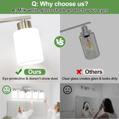 Brushed Nickel Bathroom Light Fixtures with Milk Glass Shades