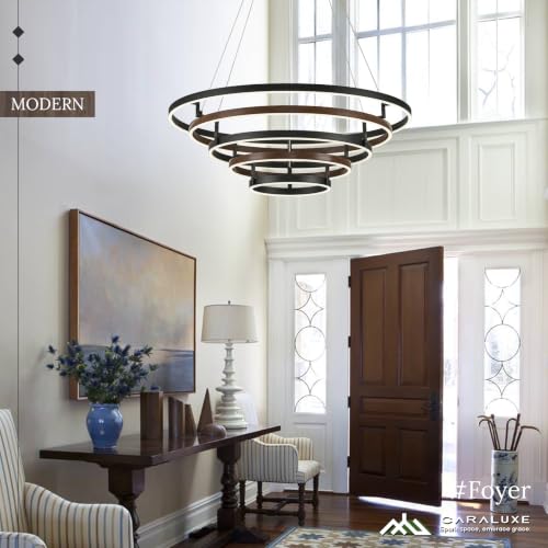 5 Ring LED Chandelier Modern Chandeliers Walnut Wood Black Dimmable 31''