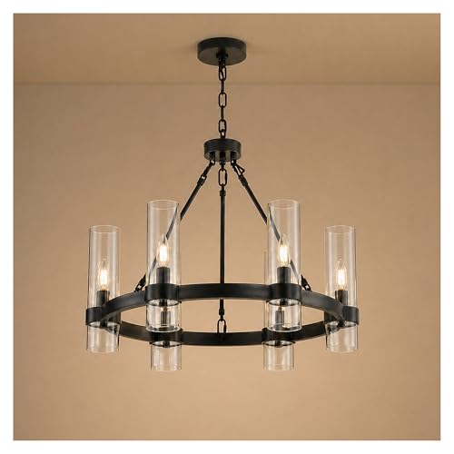 22 Inch Black Wagon Wheel Chandelier with Glass Shade