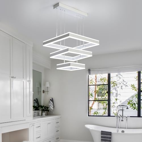 Modern LED Chandeliers White Square Rings Pendant Light Fixture with Hanging Cord Flush Mount Square Modern Chandeliers for Kitchen Island Dining Room