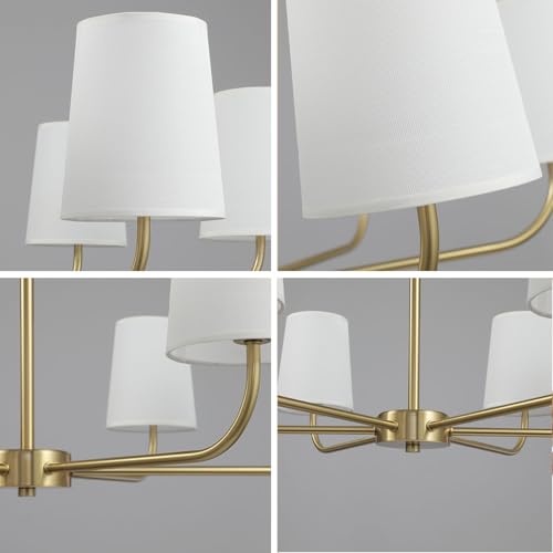 6-Light Brushed Gold Pendant Chandelier with White Linen Shades, E12 Base - Farmhouse & Industrial Style for Kitchen, Living Room, Dining Room, or Bedroom Lighting