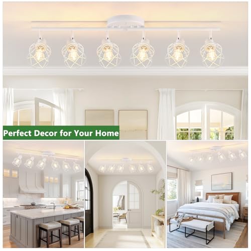 6 Lights White Semi Flush Mount Ceiling Light with Geometric Metal Cage