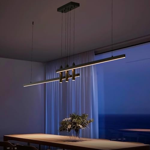 Modern Black Linear Pendant Lights Kitchen Island Lighting Minimalist Led Chandeliers Pool Table Light Dimmable Ceiling Hanging Light Fixture Dining Room with Remote Control