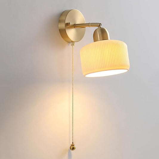 Japanese Style Brass Wall Sconce Modern Striped Ceramic Wall Light Adjustable Bedside Wall Mount Lamp with Pull Chain Switch, Wabi Sabi Rotatable Drum White Ceramic Art Sconces, E27