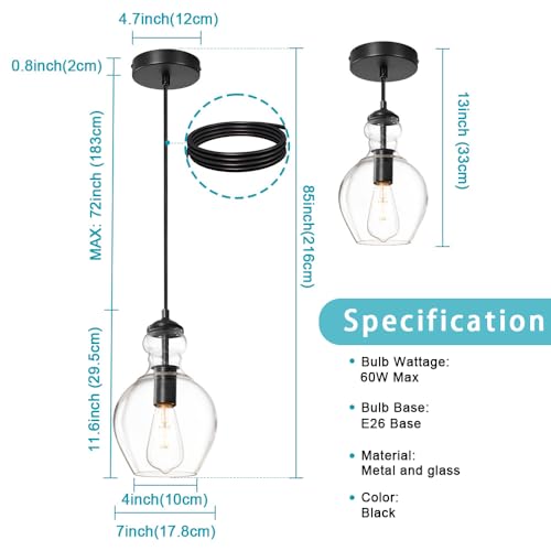 Black Clear Glass Pendant Lighting for Kitchen Island Entryway 7 Inch