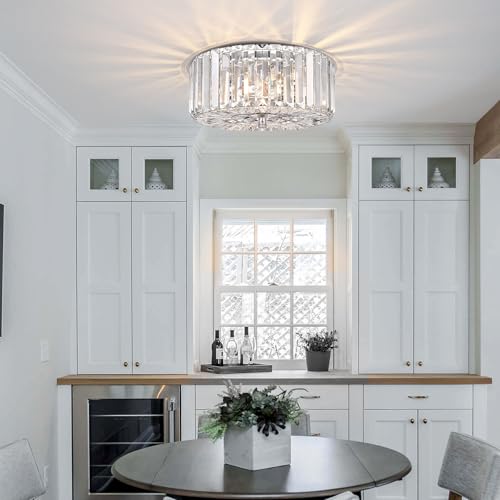 11.87 Inch Round Chrome Crystal Flush Mount Ceiling Light Fixture