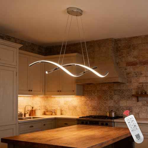 Dining Room Light Fixtures Over Table,Dimmable36 Chrome LED Light | Modern Wave LED Chandelier for Kitchen Island, Dimmable Pendant Light with Adjustable Hanging Wire and Premium Chrome Finish