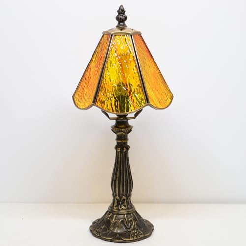 Small Tiffany Table Lamp Yellow Rippled Stained Glass Desk Lamps 6X6X14 Inch Bronze Resin Base Antique Mini Accent Light