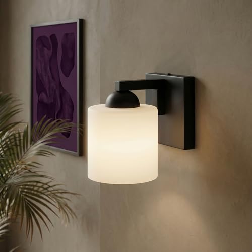 1 Light Black Bathroom Vanity Light with White Glass Shade