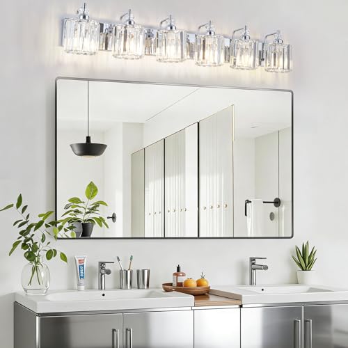6 Light Modern Bathroom Light Fixture Chrome Bathroom Vanity Lights Over Mirror Wall Sconce Lighting with K9 Crystal Shades E26 Base for Bedroom