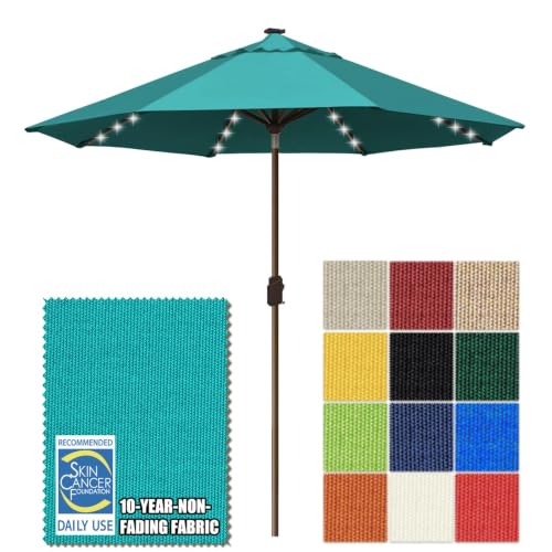 USA 10-Year-Non-Fading 10ft Market Patio Umbrella, Commercial Grade Table Sun Umbrella with 80 Solar LED Lights, Crank Open, Windproof & UPF 50+ UV Protection for Garden, Deck, Pool, Backyard, Teal