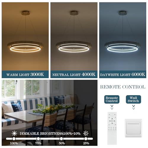 LED 2 Ring Chandelier Dimmable Up Down Light Weathered Wood Brushed Nickel