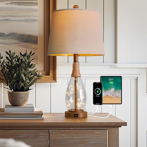 23" USB A+C Table Lamp for Bedroom Living Room Modern Bedside Lamps Retro Farmhouse Rattan Glass Nightstand Nightlight Lamps