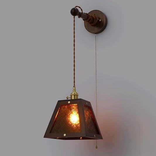 Chic Plum Blossom Glass Wall Sconce Lighting Wabi Sabi Wood Wall Light Fixture with Brass Rotary Switch and Pull Switch, Height Adjustable Japanese Style Embossed Glass Wall Lamp (Walnut)