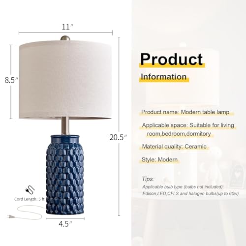 20.5 inches Modern Ceramic Dark Blue Bedside Lamp Set of 2 for Bedroom Decor Farmhouse Table Lamp for Living Room Office Dorm (2 Count)