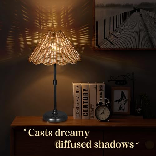 Cordless Boho Rattan Table Lamp Black