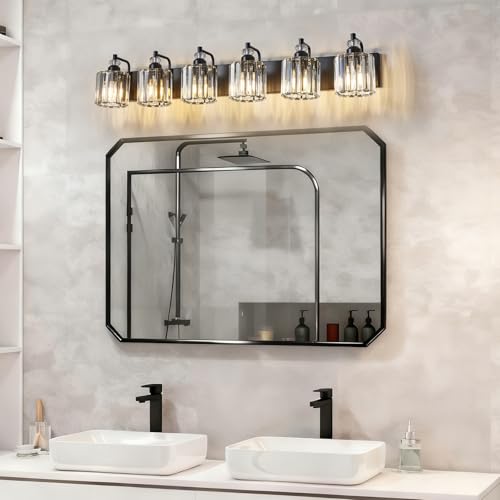 6 Light Black Bathroom Light Fixtures Over Mirror Modern Vanity Lights Crystal Wall Sconce Vintage Bathroom Lighting with Crystal Shade E26 Base for Bedroom