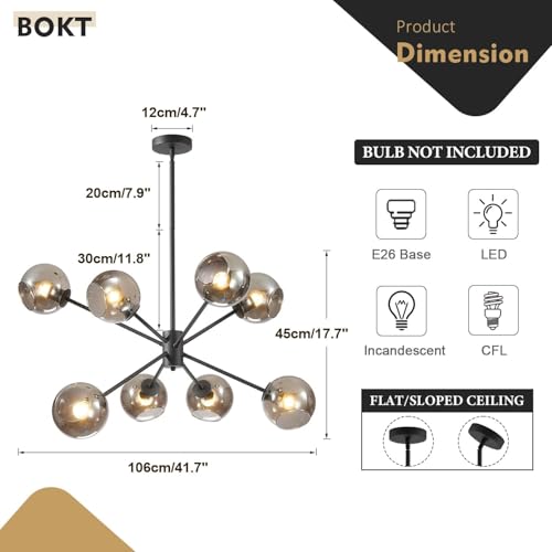 8 Lights Mid Century Modern Matte Black Chandelier Glass Globe Sputnik Chandelier Large Smoke Gray Ball Sputnik Hanging Pendant Light Kitchen Island Living Room Dining Room Bedroom Light Fixture