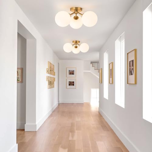 Gold Opal Globe Mid Century Modern Semi Flush Mount Ceiling Light Fixture