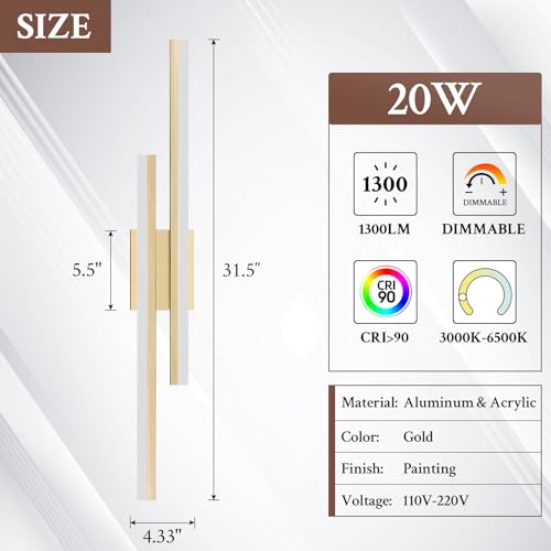LED Wall Sconce Gold Modern Remote Wall Light Fixtures for Living Room