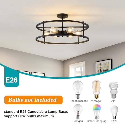 Large Semi Flush Mount Ceiling Light Fixture Black Cage Ceiling Light 6 Light Chandelier for Kitchen Dining Room Entryway Living Room Bedroom Foyer
