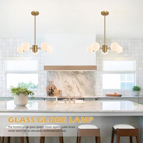 5 Light Globe Sputnik Chandelier Mid Century Sputnik Chandeliers Modern Gold Globe Pendant Light Brushed Brass Finished with White Frosted Glass Lampshade for Dining Room Bedroom Kitchen