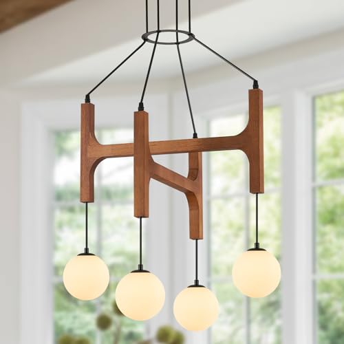 Farmhouse 4 Light Wooden Chandelier with Milk Glass Globe L24 Inch (4 Count)
