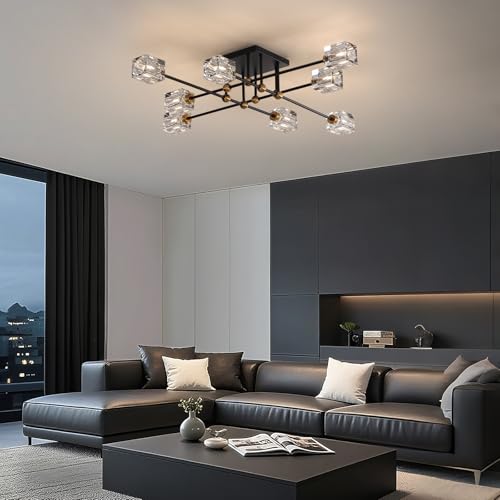 8 Light Crystal Ceiling Light Fixture Semi Flush Mount Ceiling Light Fixture Modern Black and Gold Sputnik Chandeliers for Dining Room Living Room Kitchen Island Hallway Bedroom