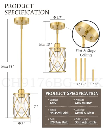 Brushed Gold Pendant Lights Kitchen Island 3 Pack (3 Count)