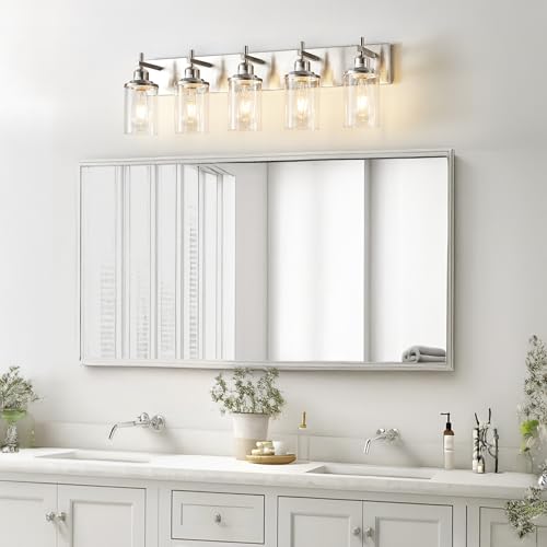 5 Light Brushed Nickel Bathroom Light Fixture Over Mirror Modern Bathroom Vanity Light Vintage Wall Lighting with Clear Glass Shade for Bathroom