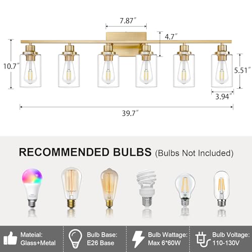 6 Light Gold Bathroom Light Fixtures Brushed Brass Vanity Light Over Mirror Modern Wall Lighting Sconces Wall Lamp for Bathroom
