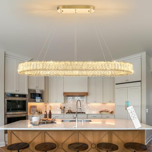 Modern Oval Crystal Chandelier for Dining Room Dimmable LED Chandeliers Rectangular Pendant Light Fixture with Remote for Living Room Kitchen Island Gold
