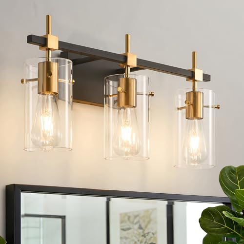 Vintage Vanity Lights Bathroom Light Fixture Over Mirror for Bath Glass Shade Light Black and Brass Modern Style 3 Lights