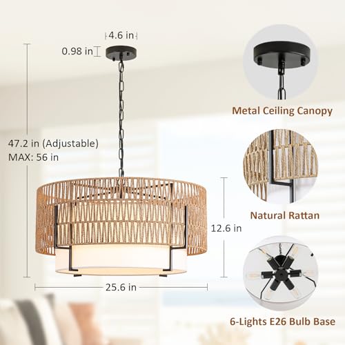 6 Light Large Rattan Chandelier for Dining Room