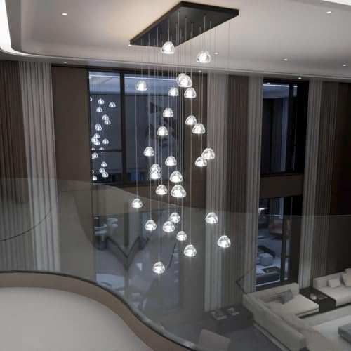 W47.2 x D15.7 x H157 Glam Chandelier Rectangular Chandeliers Bubble Crystal Pendants Light Fixture Dimmable High Ceiling Large Light Black