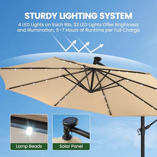 10FT Patio Umbrella with Solar Lights and Base for Patio