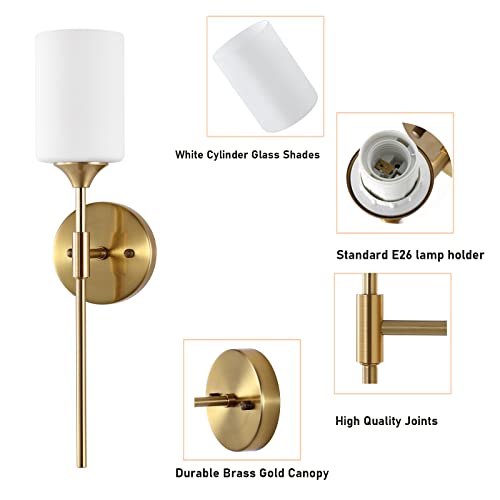 Gold Wall Sconce Set of 2 with White Cylinder Glass Shades Modern Mid Century Bathroom Vanity Wall Light Fixtures Industrial Brushed Brass Wall Lamp for Bedroom Mirror Living Room Restaurant (2 Count)