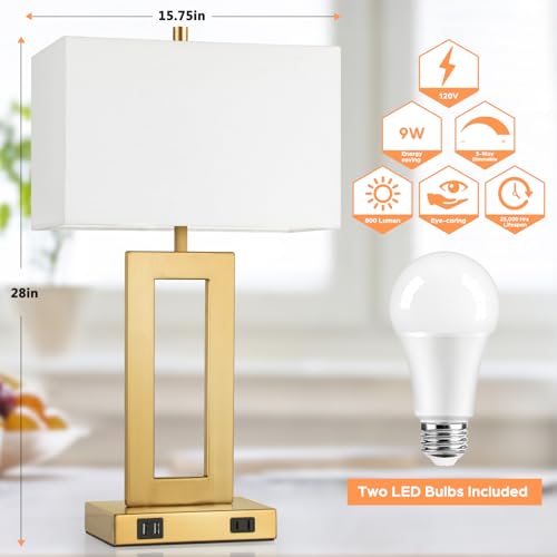 28" Gold Modern Touch Control Table Lamp Set of 2 with 2 USB Ports (2 Count)