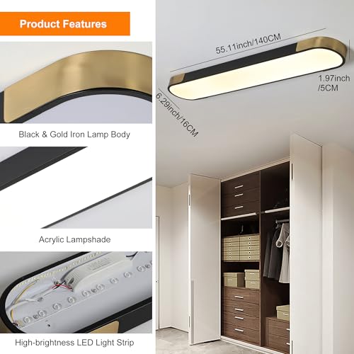 4.59FT LED Flush Mount Kitchen Light Fixtures 65W Dimmable Flush Mount Ceiling Light Fixture Black and Gold Led Ceiling Light Linear LED Ceiling Lamp for Laundry Shop Garage Office