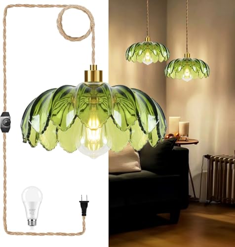 Plug in Pendant Light Hanging Lights with Plug in Cord Boho Hanging Lamp Glass Gold Mid Century Modern Vintage Dimmable Green Flower Plug in Chandelier Ceiling Fixture for Living Room