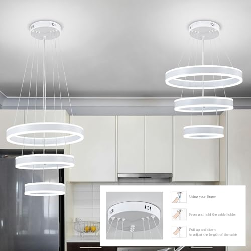Modern LED Chandeliers Adjustable Hanging White Pendant Light Fixture 3 Ring Flush Mount Chandeliers for Bedroom