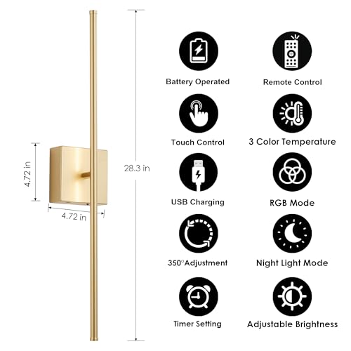 28.3 Inch Battery Operated Wall Sconces Wireless Set of 2 (2 Count)